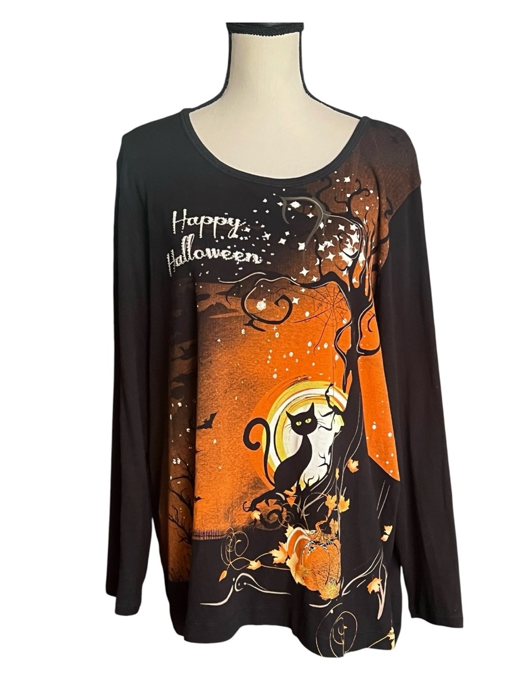 VTG. Halloween Cat Graphic Long-Sleeve Women's Tunic Top - Black & Orange. SZ.2X